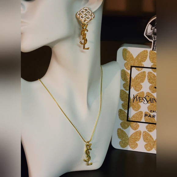 Vintage YSL Upcycled Beauty Bag Zipper Pulls, Gold  2" Drop Earrings &Necklace - Picture 3 of 5